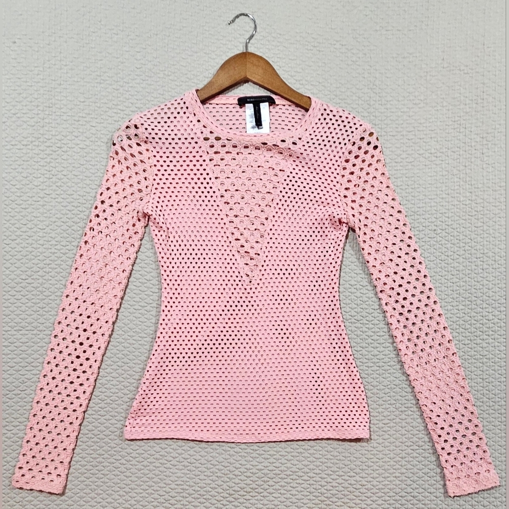 BCBGMaxAzria Designer "Kala" Whisper Light Pink Mesh Knit‎ Blouse Size XS